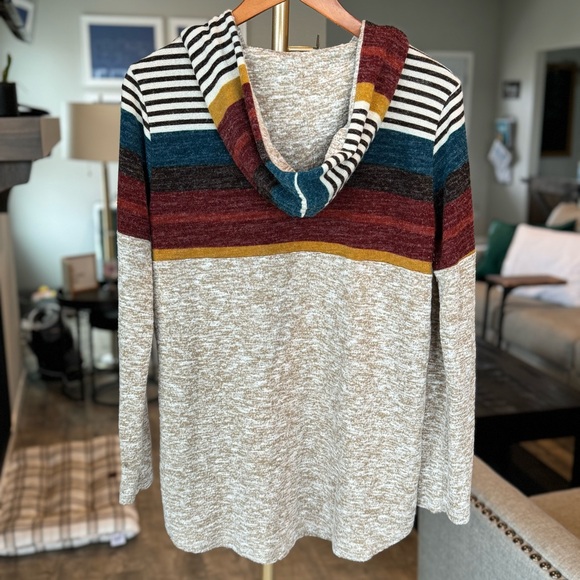 Wanna B Lightweight Beige, Blue, Red, & Yellow Striped Hoodie - Size Large - Picture 4 of 7